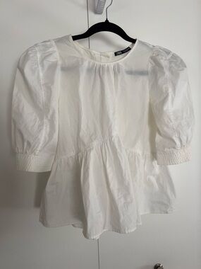 Zara White Puff-Sleeve Peplum Blouse